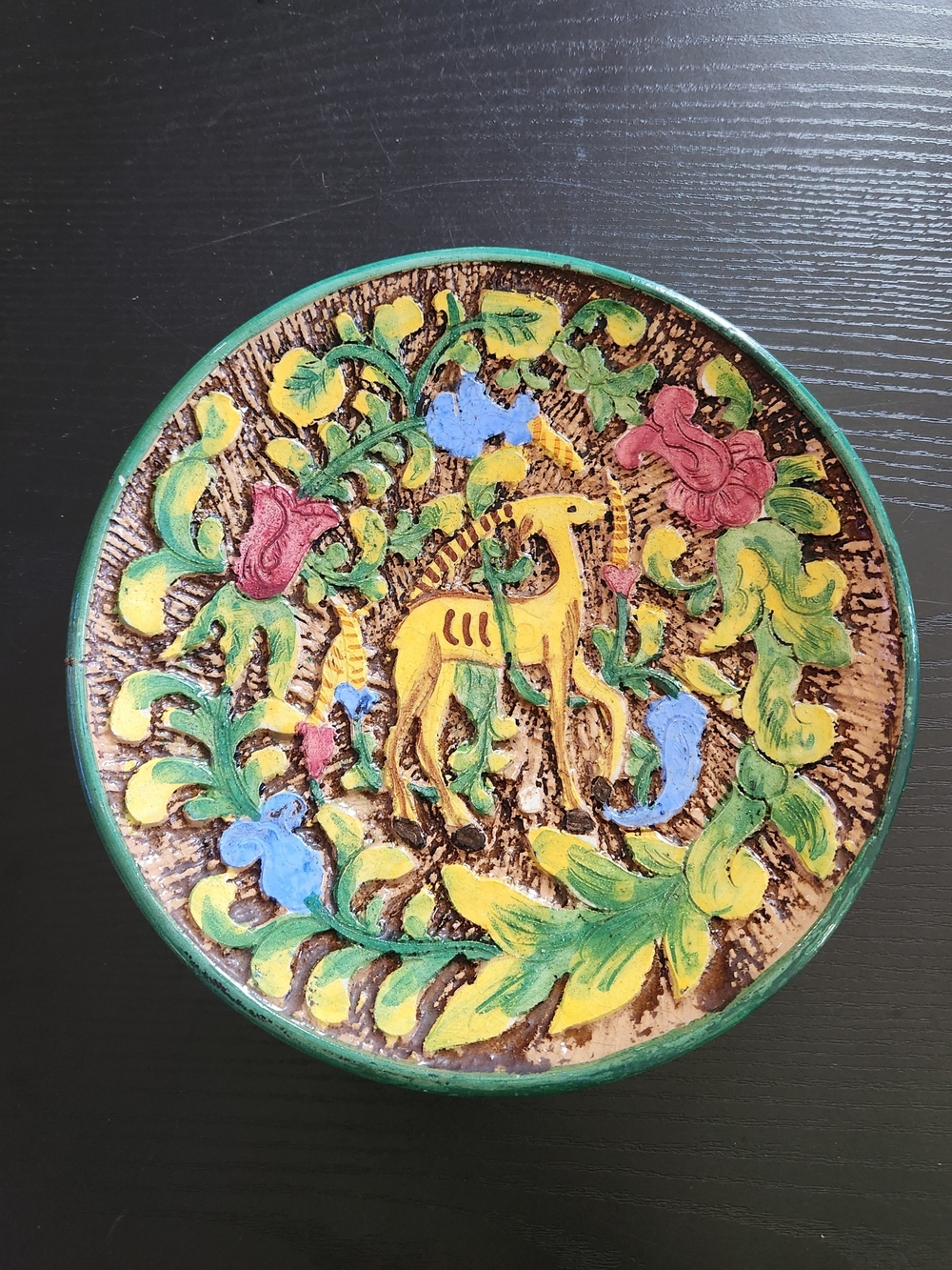 VINTAGE M & R IHand-Painted Floral Deer Ceramic Wall Plate - Green, Yellow, Blue